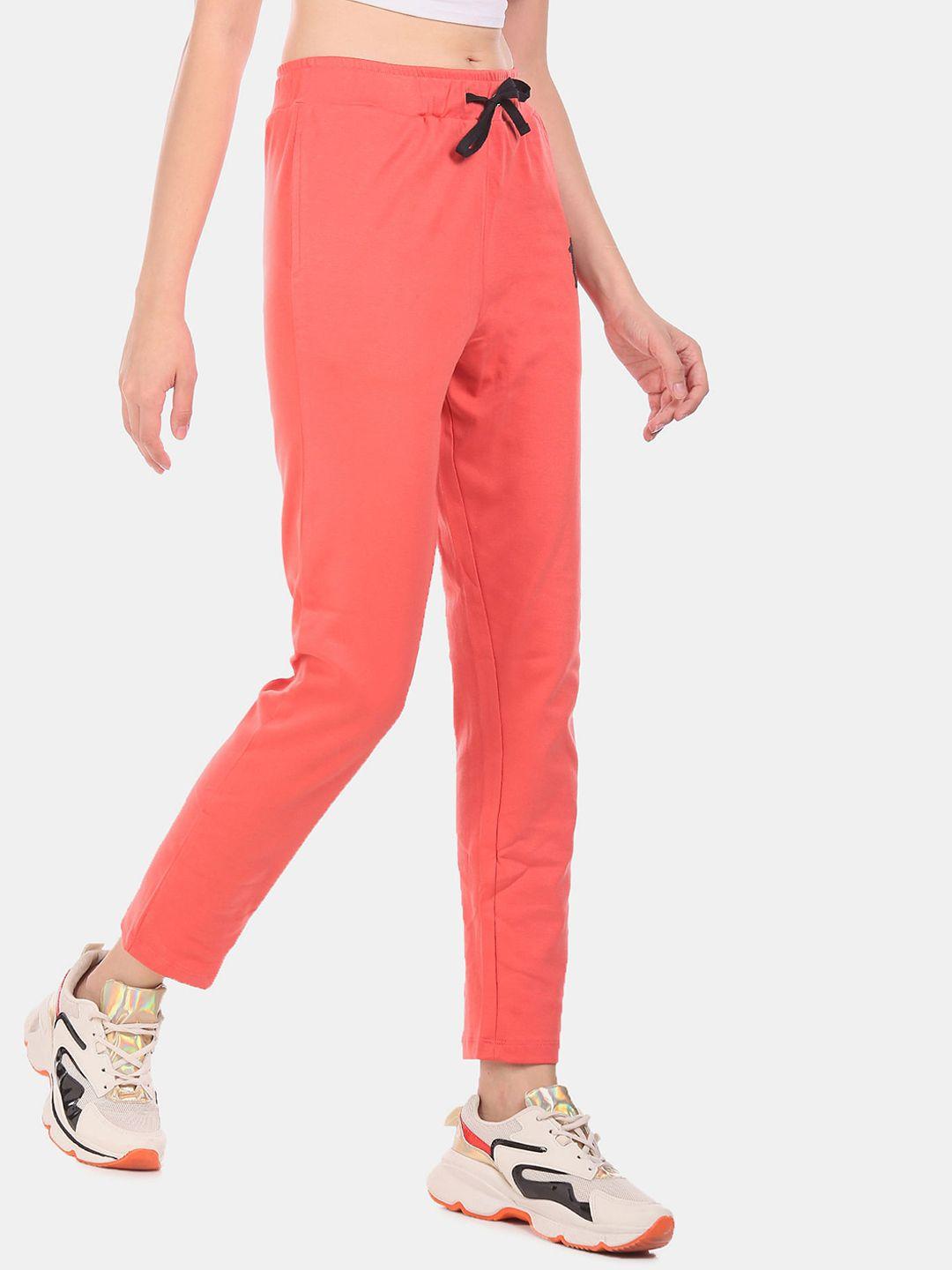 sugr-women-coral-red-solid-straight-fit-track-pants