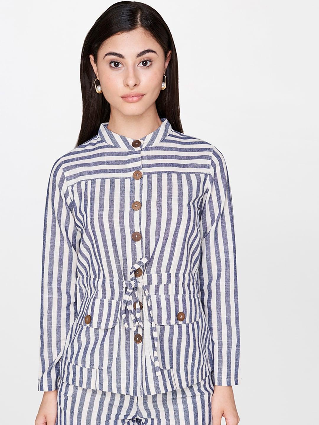 and-women-grey-white-striped-open-front-jacket