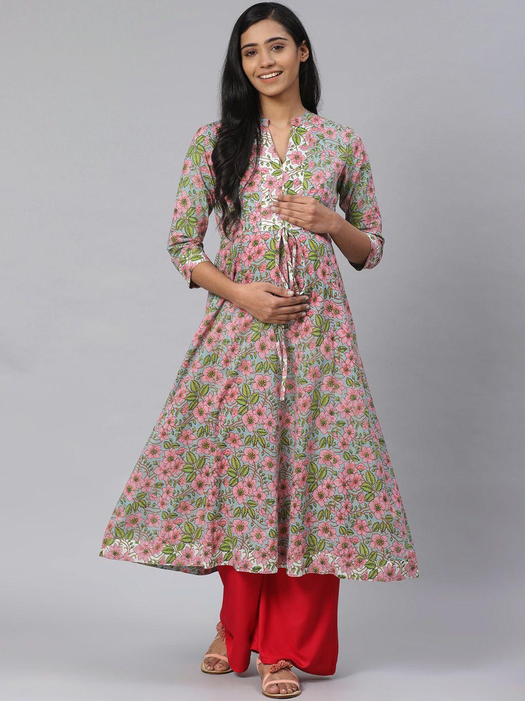 anayna-women-blue-&-pink-floral-printed-pure-cotton-feeding-maternity-a-line-kurta