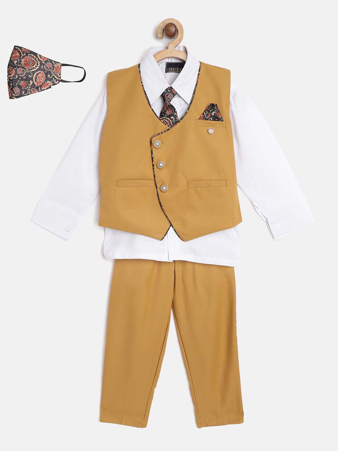 fourfolds-boys-white-&-mustard-yellow-solid-clothing-set-with-waistcoat,-tie-&-cloth-mask