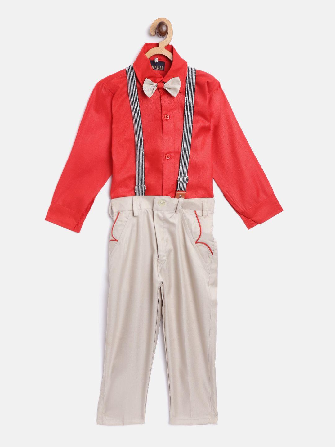 fourfolds-boys-red-&-beige-solid-clothing-set-with-suspenders-&-bow-tie