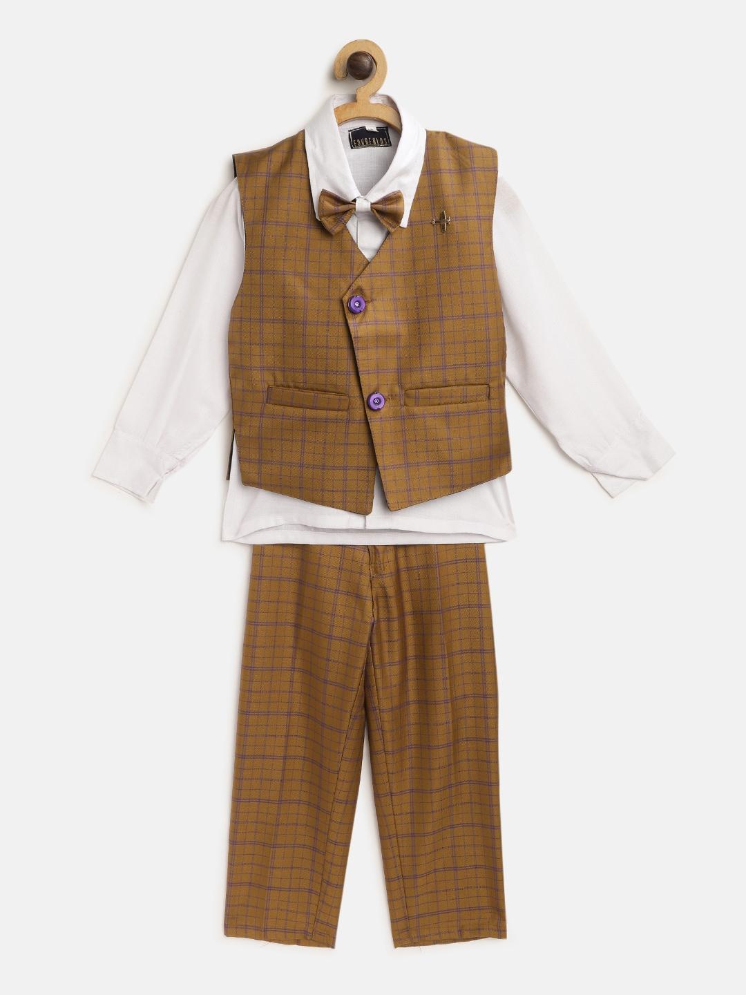 fourfolds-boys-white-&-mustard-yellow-solid-clothing-set-with-waistcoat-&-bow