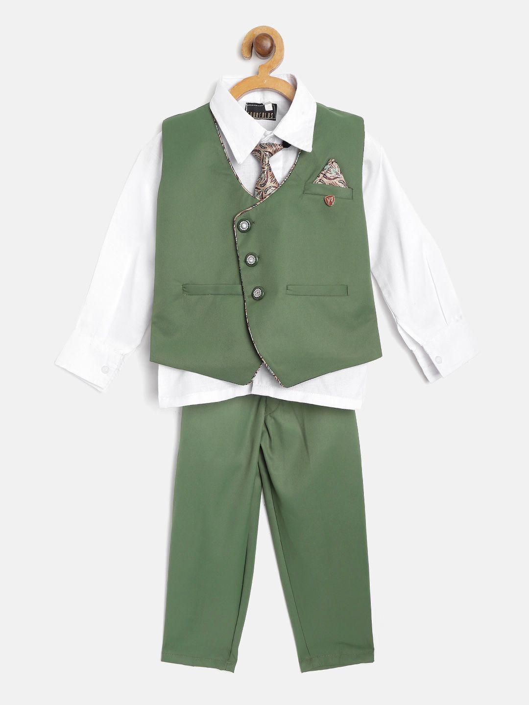 fourfolds-boys-olive-green-&-white-solid-clothing-set-with-waistcoat,-tie-&-cloth-mask