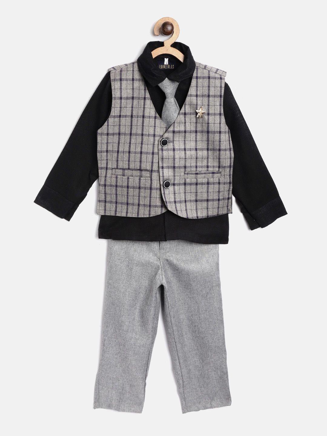 fourfolds-boys-black-&-grey-solid-clothing-set-with-waistcoat-&-tie