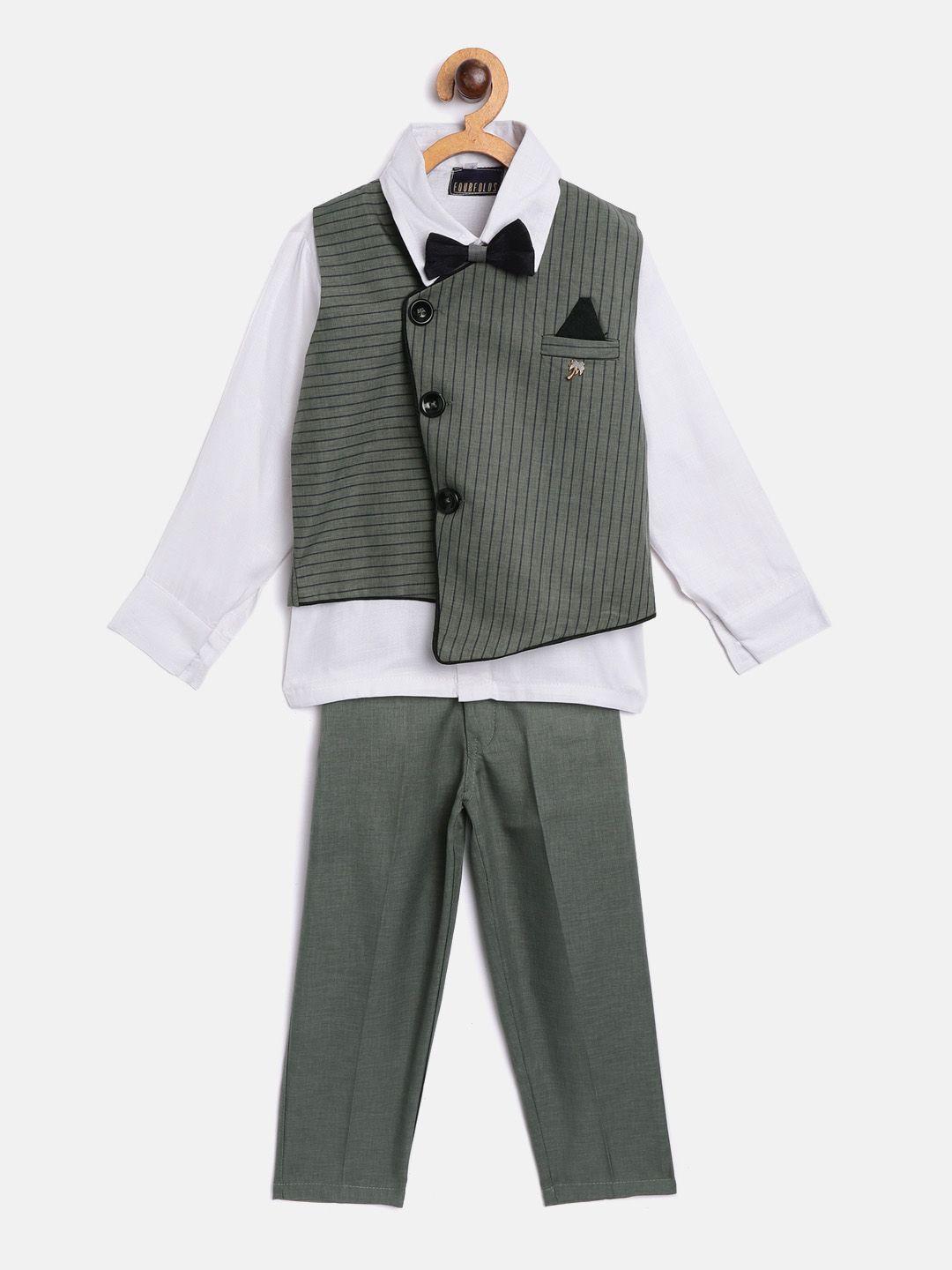 fourfolds-boys-white-&-olive-green-solid-clothing-set-with-waistcoat-&-bow