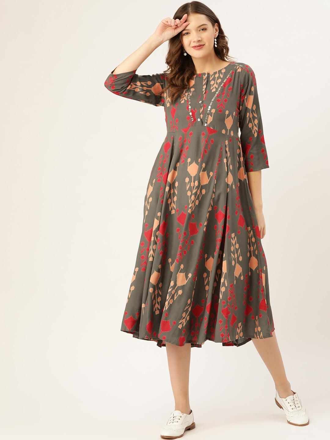 sangria-women-grey-&-red-printed-a-line-dress