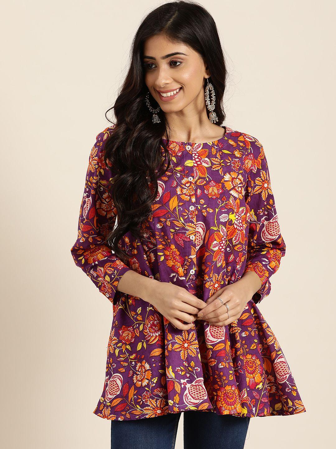 sangria-women-purple-&-orange-pure-cotton-ethnic-motifs-print-pleated-a-line-top