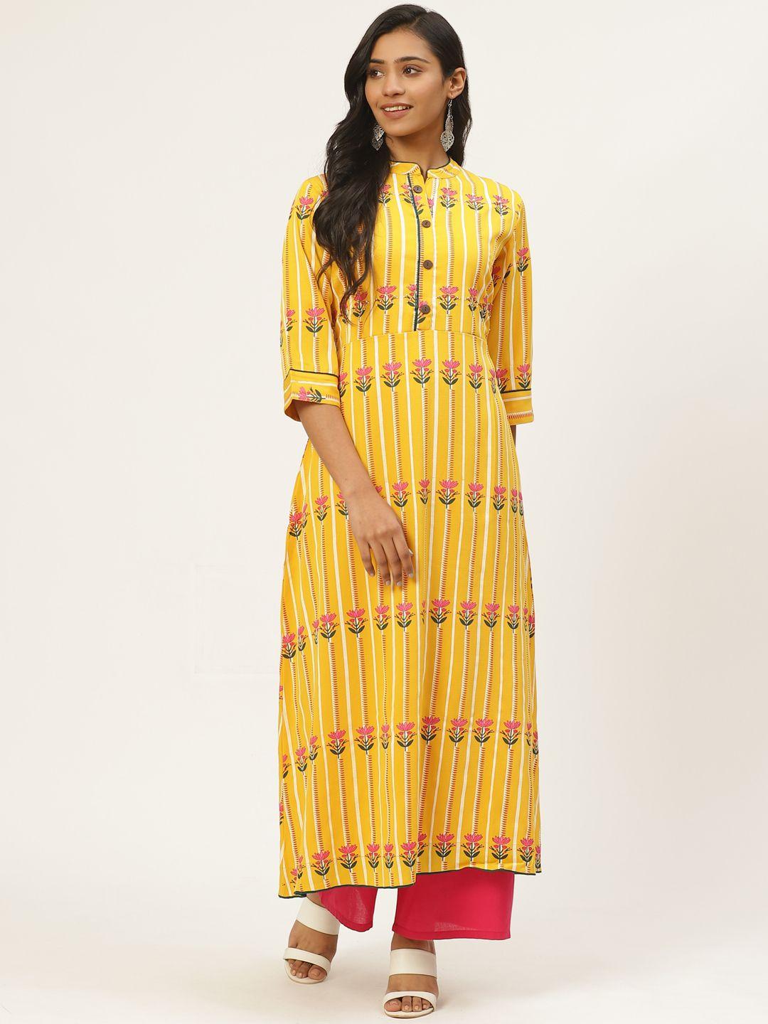 kurti's-by-menka-women-yellow-&-pink-striped-straight-kurta