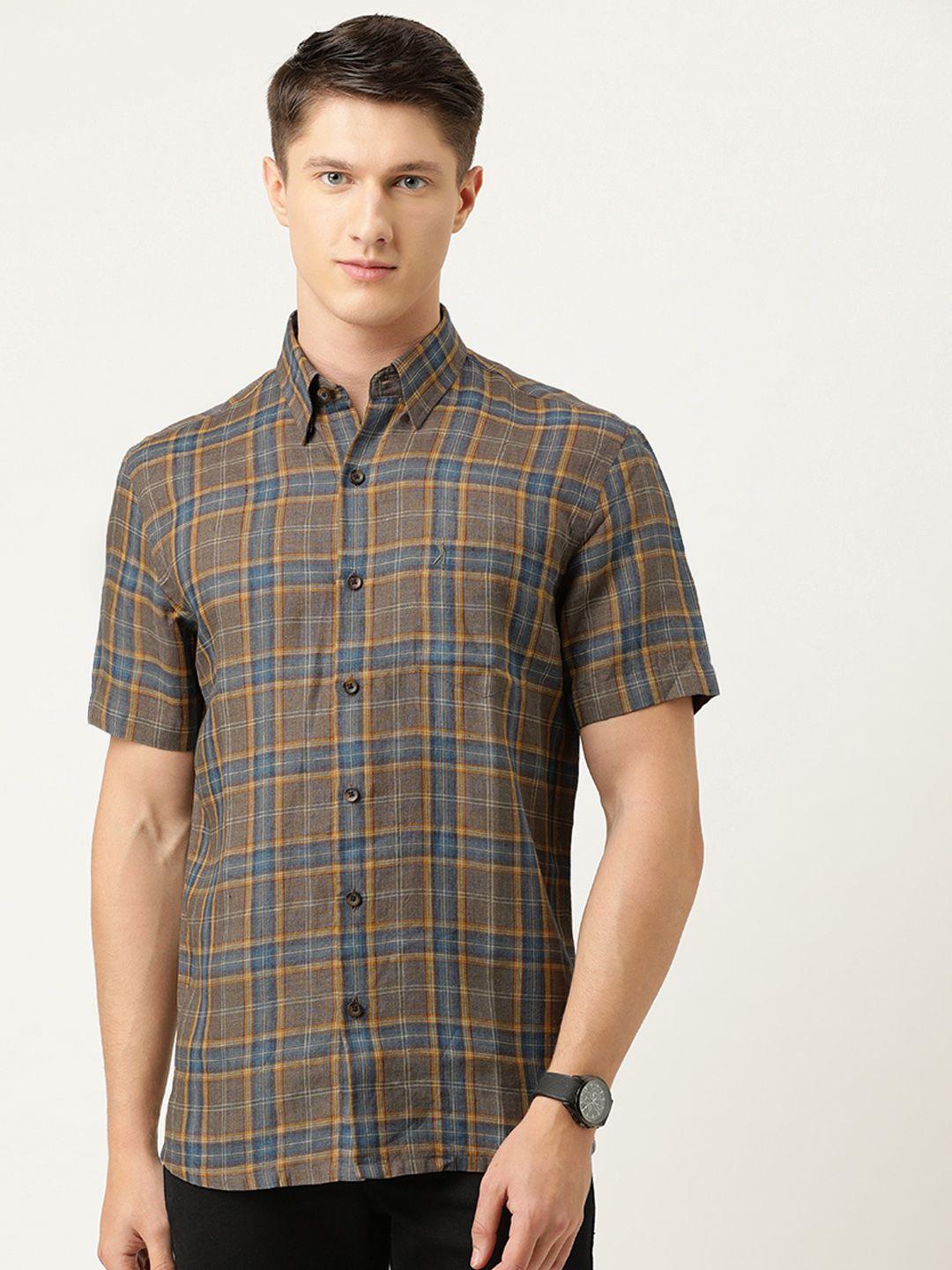 burnt-umber-men-olive-brown-&-blue-regular-fit-checked-casual-shirt