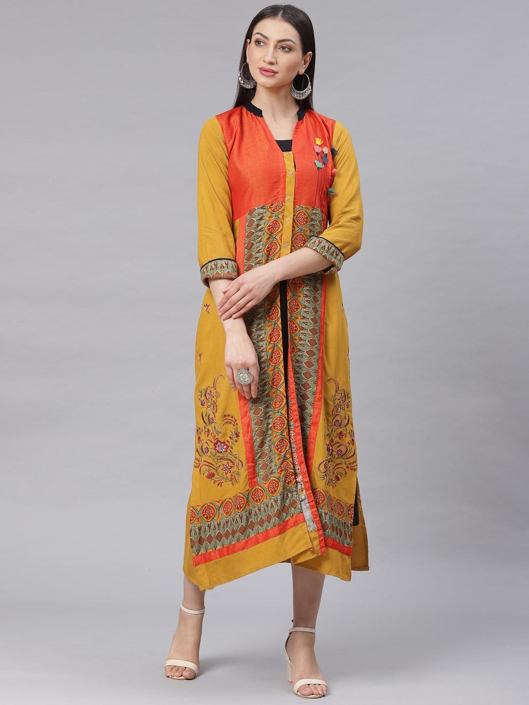 chhabra-555-women-mustard-yellow-&-orange-made-to-measure-printed-layered-maxi-dress