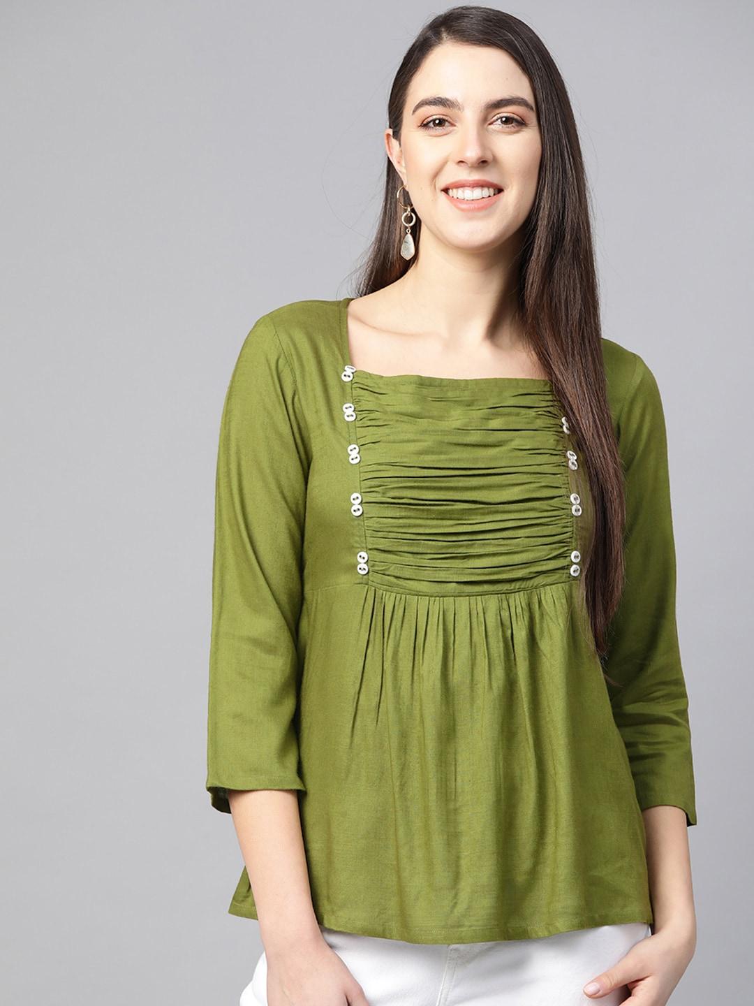 yash-gallery-women-olive-green-pleated-a-line-top