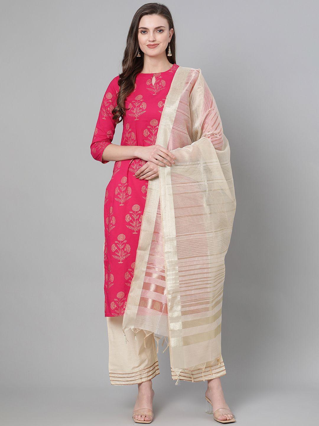 indo-era-women-pink-&-cream-coloured-foil-print-kurta-with-palazzos-&-dupatta