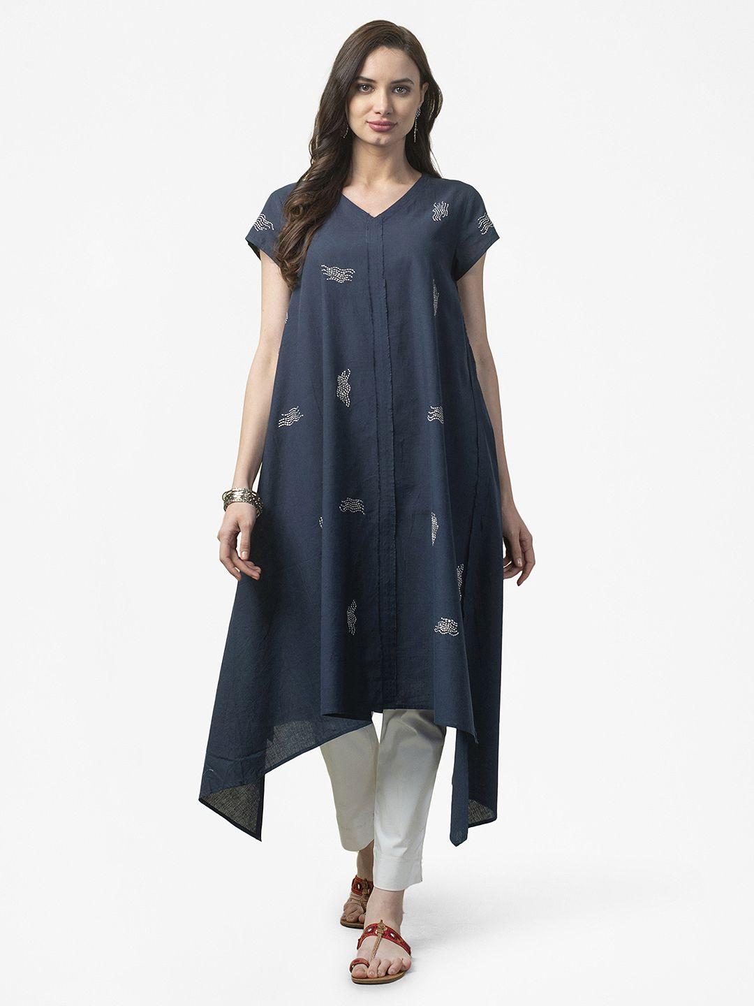 fabindia-women-navy-blue-&-white-pure-cotton-hand-embroidered-asymmetric-a-line-kurta