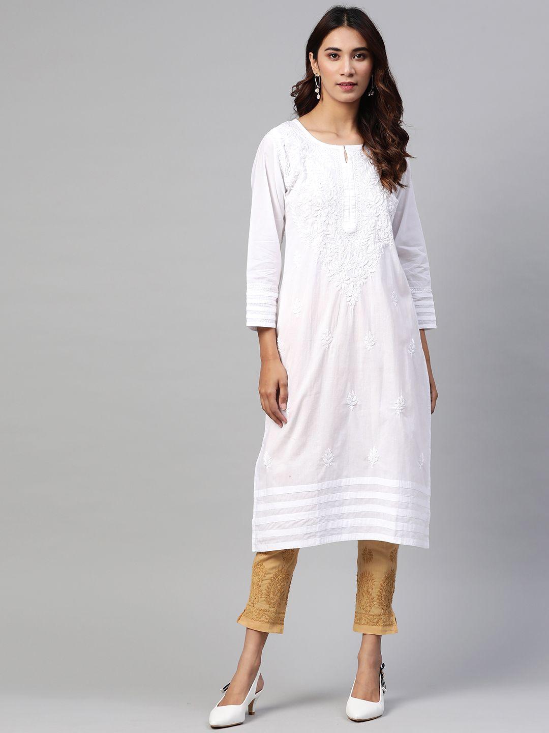 ada-women-white-&-beige-chikankari-embroidered-pure-cotton-handloom-kurta-with-trousers