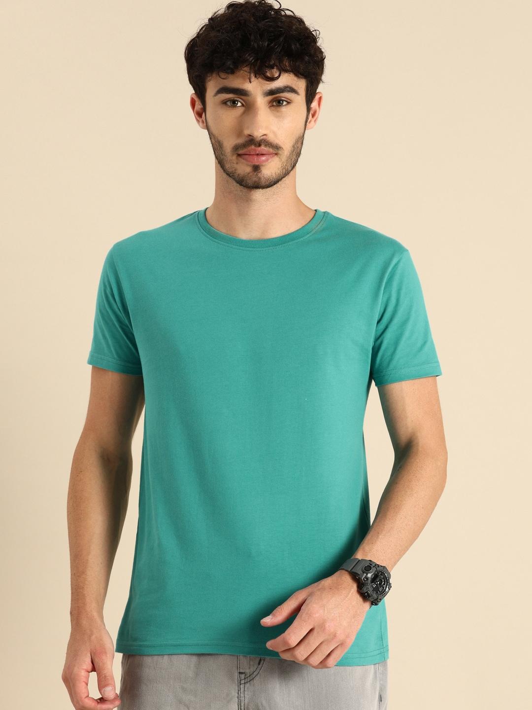 bewakoof-men-teal-green-solid-round-neck-pure-cotton-t-shirt
