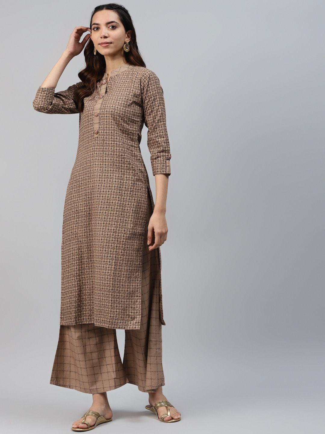 highlight-fashion-export-women-brown-&-black-printed-kurta-with-palazzos