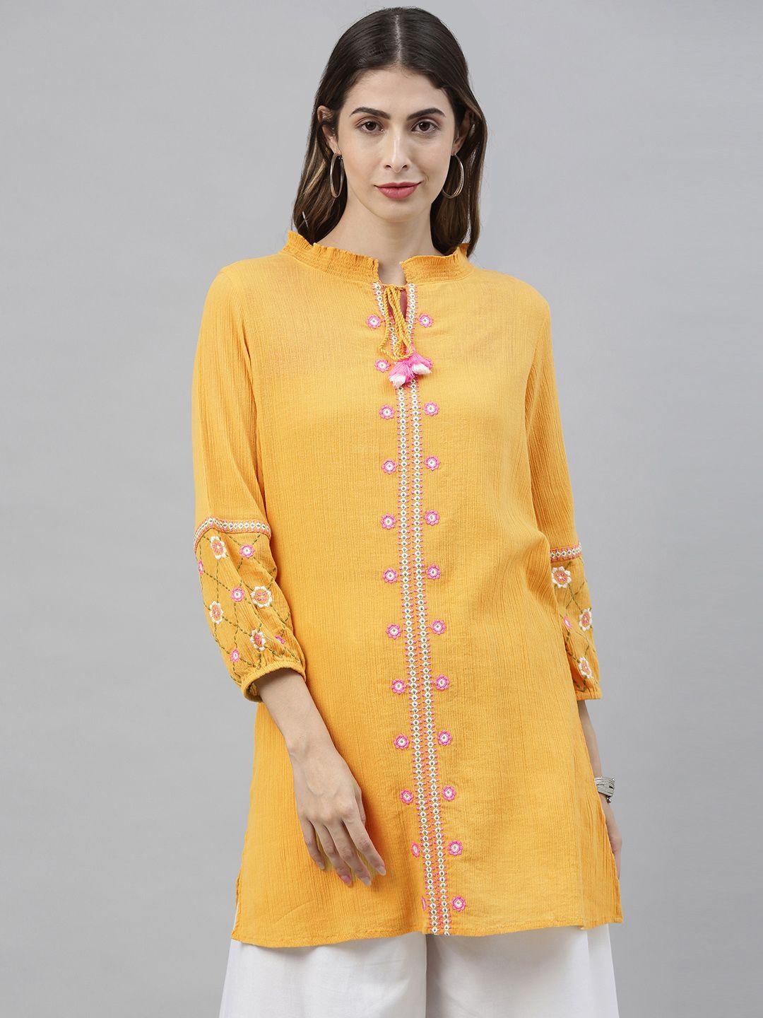 global-desi-women's-mustard-&-white-solid-tunic