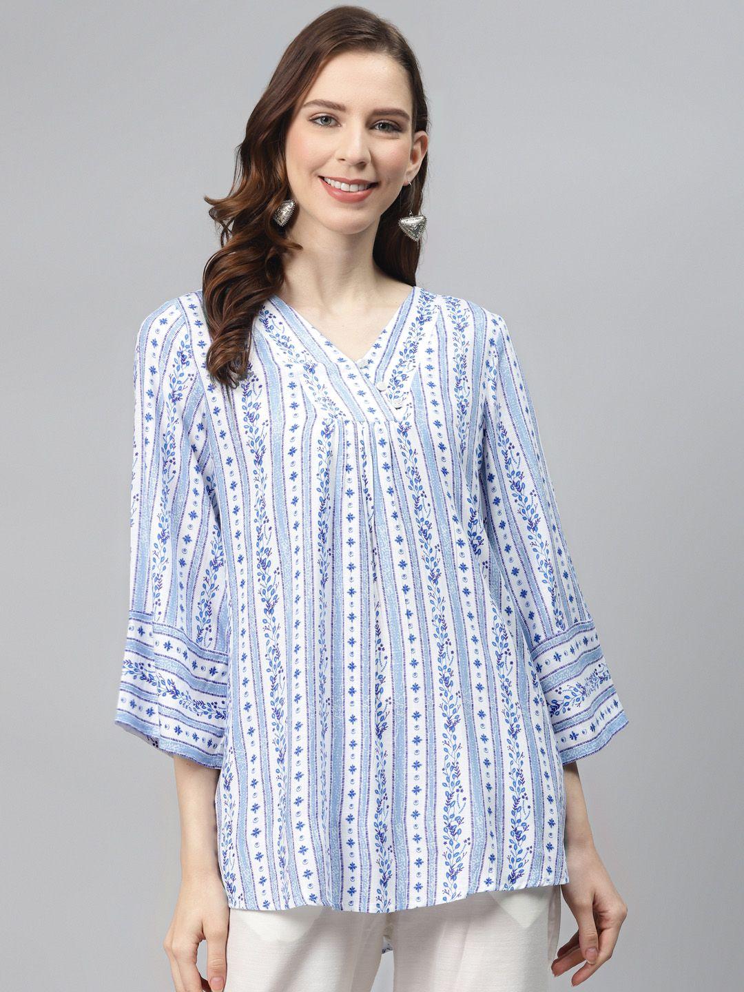 global-desi-women-white-&-blue-ethnic-motifs-print-tunic