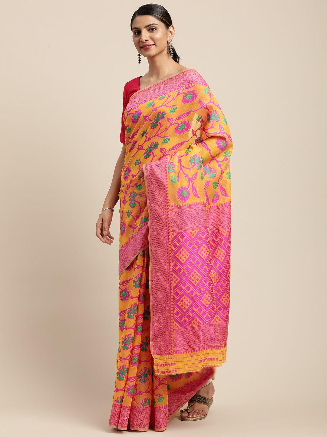 vastranand-orange-&-pink-woven-design-jamdani-saree