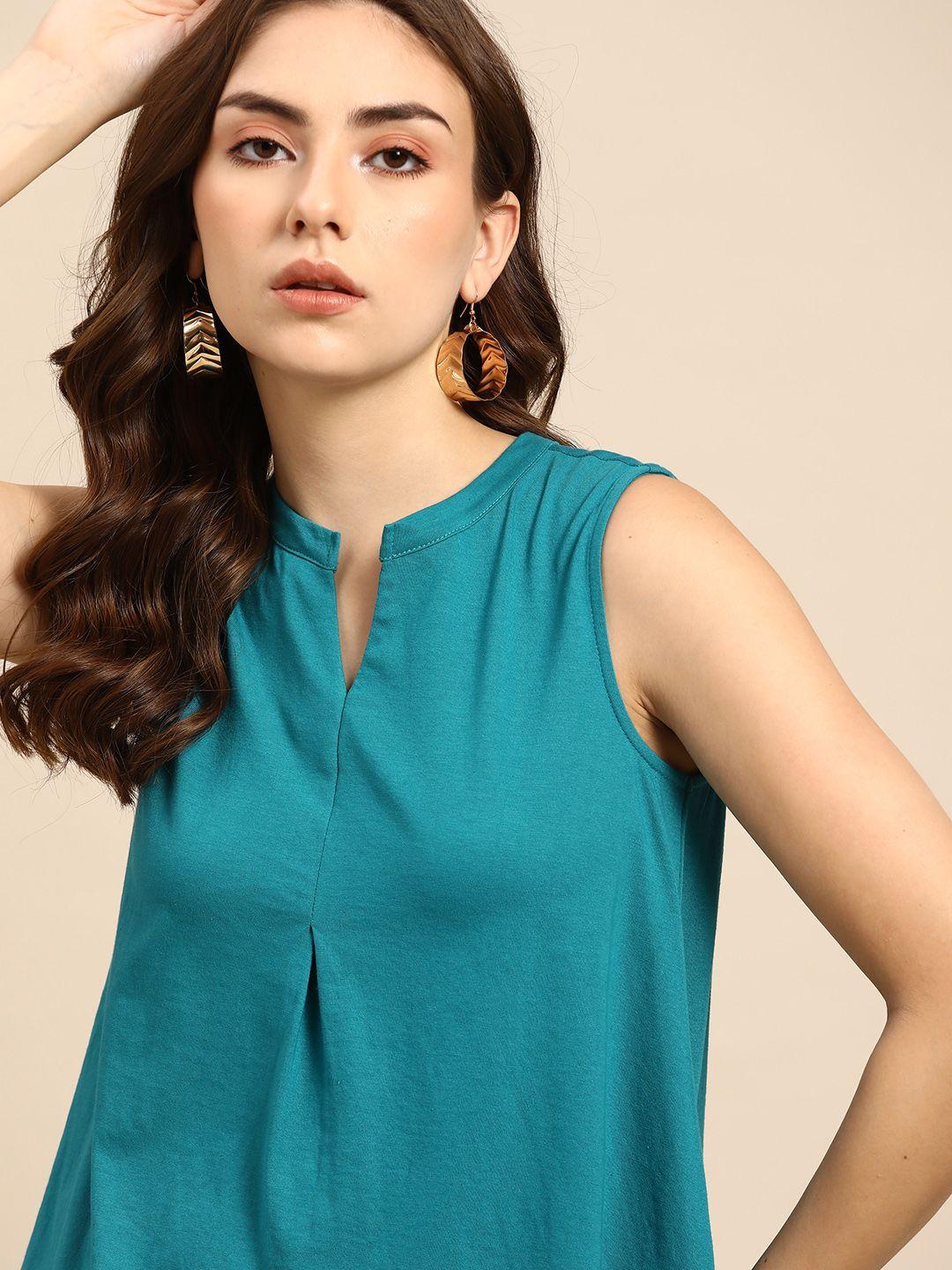 all-about-you-women-teal-blue-solid-mandarin-collar-top