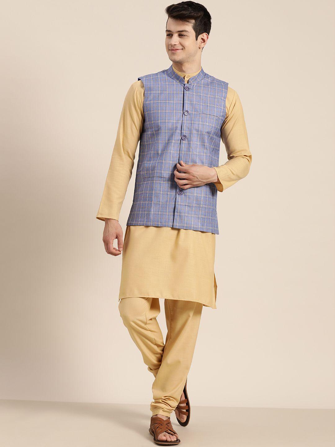 sojanya-men-beige-&-blue-solid-kurta-&-churidar-with-checked-nehru-jacket