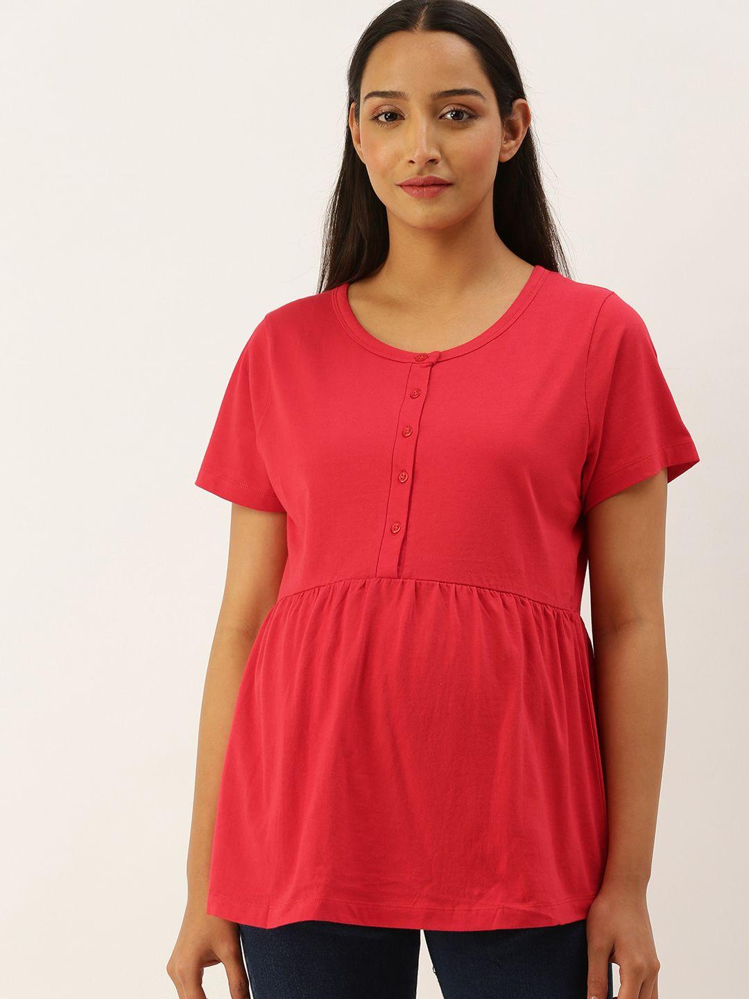 nejo-women-red-solid-pleated-maternity-pure-cotton-a-line-top