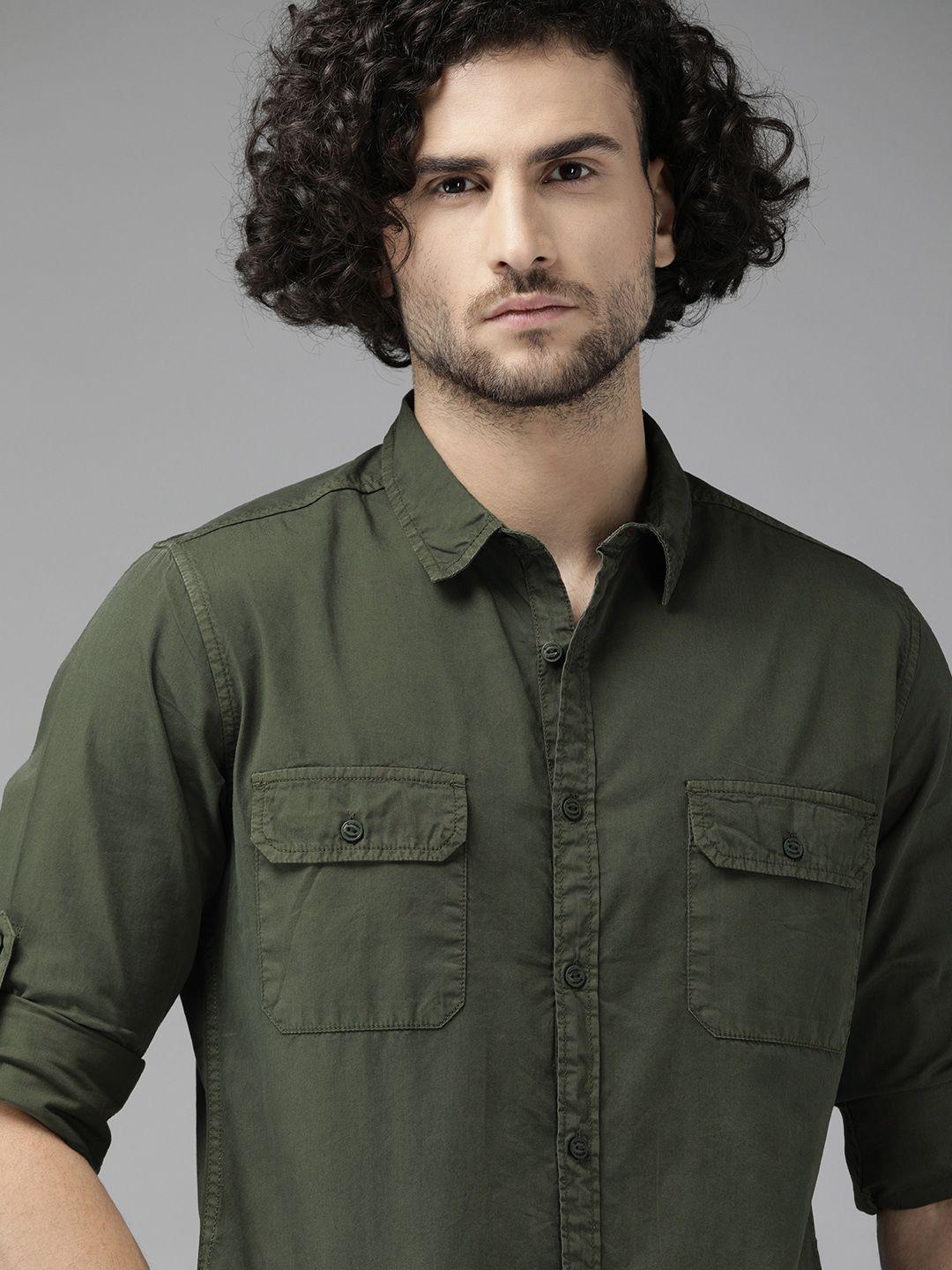 the-roadster-lifestyle-co-men-olive-green-pure-cotton-casual-shirt
