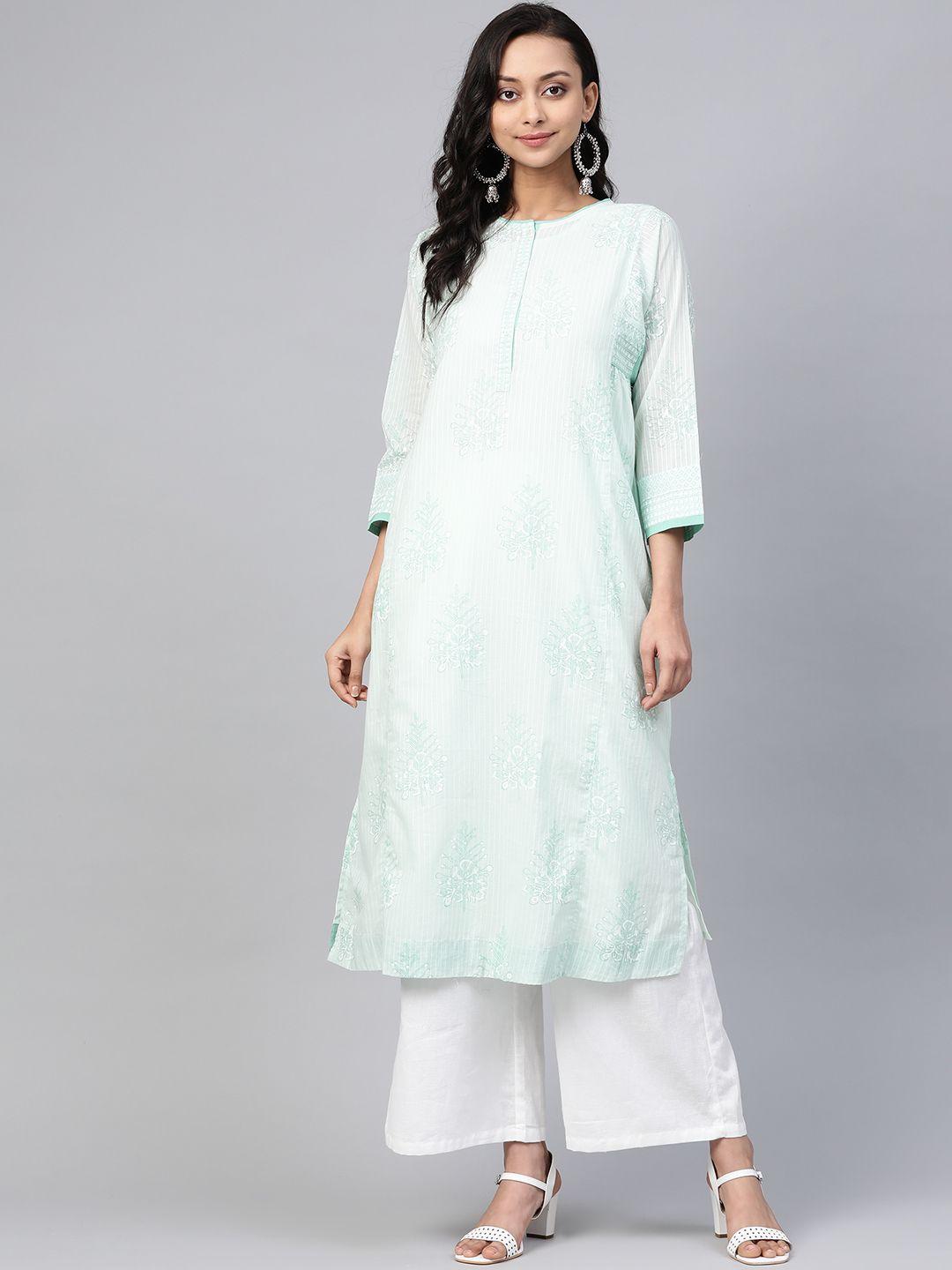 fabindia-women-green-white-block-printed-cotton-kurta-with-slip