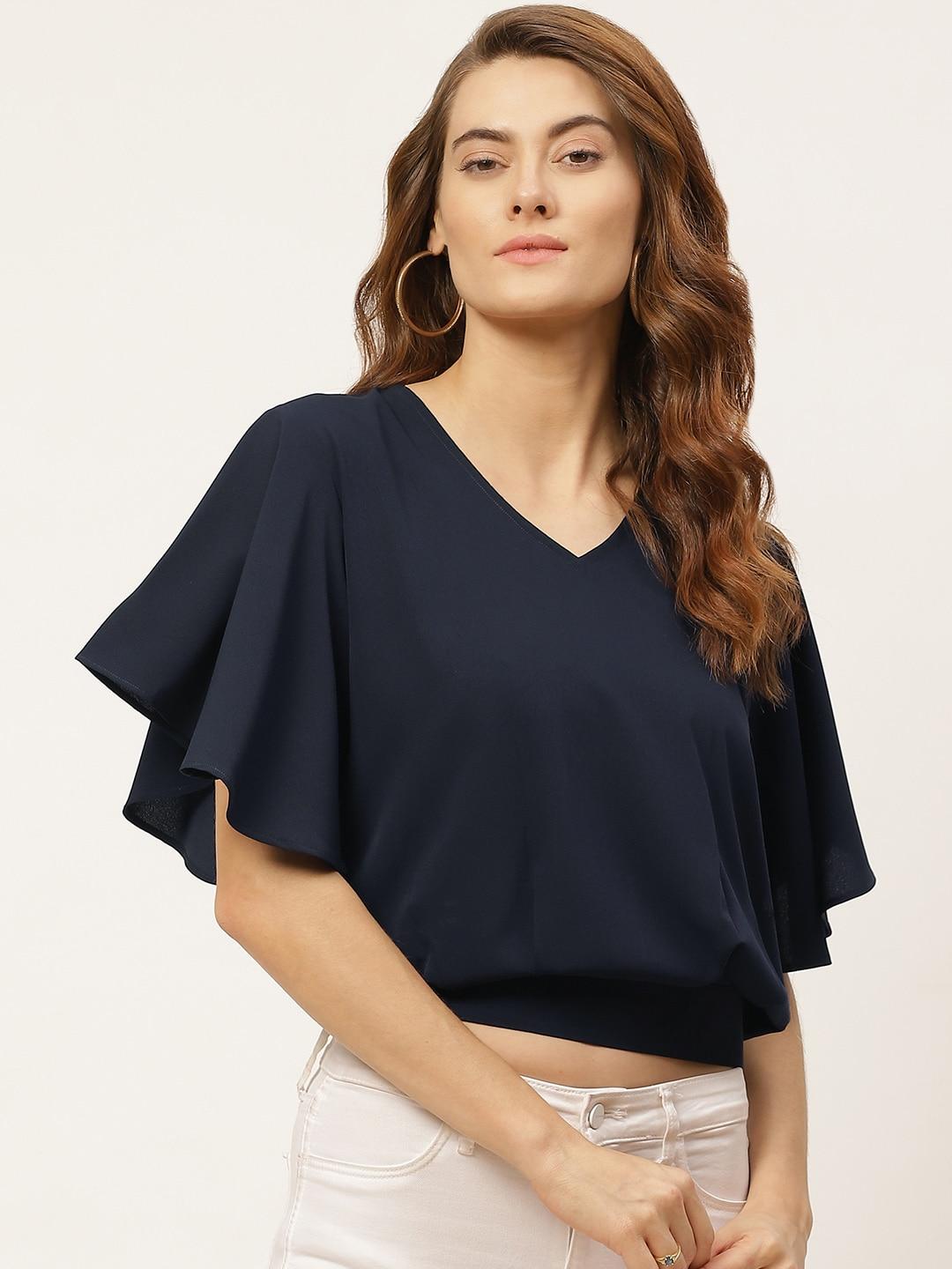one-femme-navy-blue-flared-sleeves-blouson-crop-top