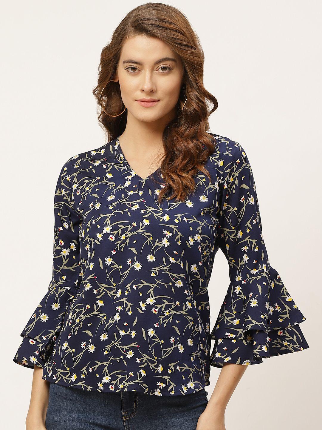 one-femme-navy-blue-&-white-floral-printed-bell-sleeves-regular-top
