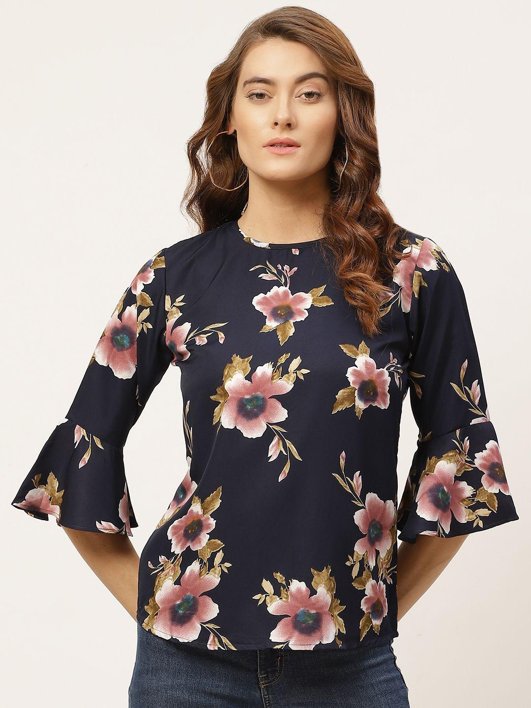 one-femme-navy-blue-&-pink-floral-printed-bell-sleeves-crepe-regular-top
