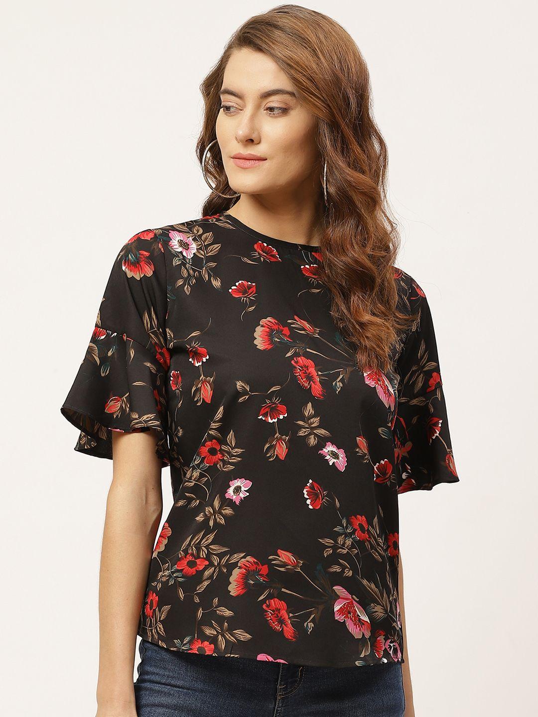 one-femme-black-&-red-floral-printed-bell-sleeves-crepe-regular-top