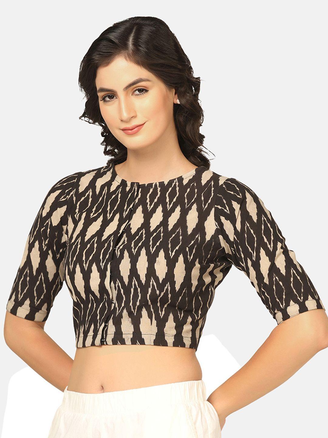 the-weave-traveller-women-black-&-beige-hand-block-printed-readymade-sustainable-saree-blouse