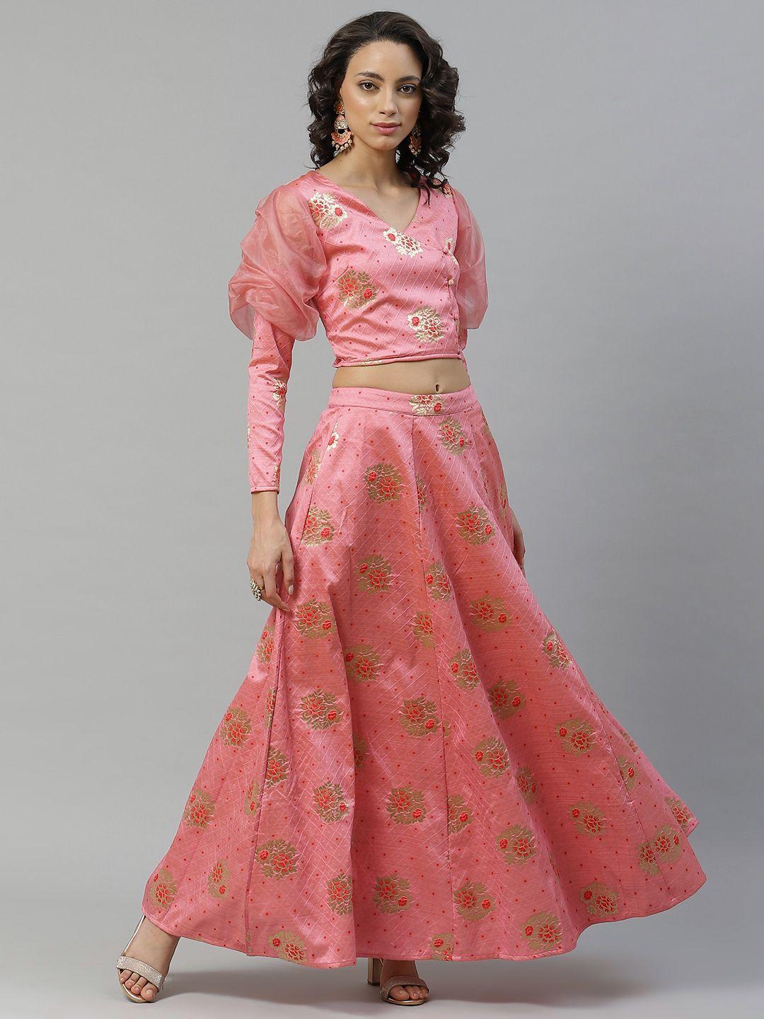 flaher-pink-&-golden-floral-woven-design-ready-to-wear-lehenga-with-blouse