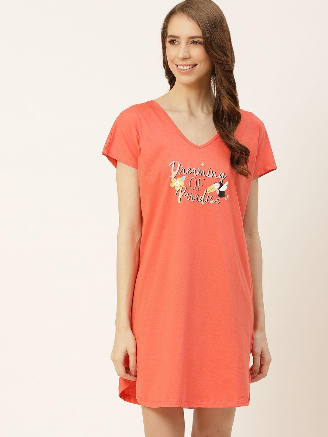 dressberry-women-coral-orange-printed-pure-cotton-knitted-nightdress