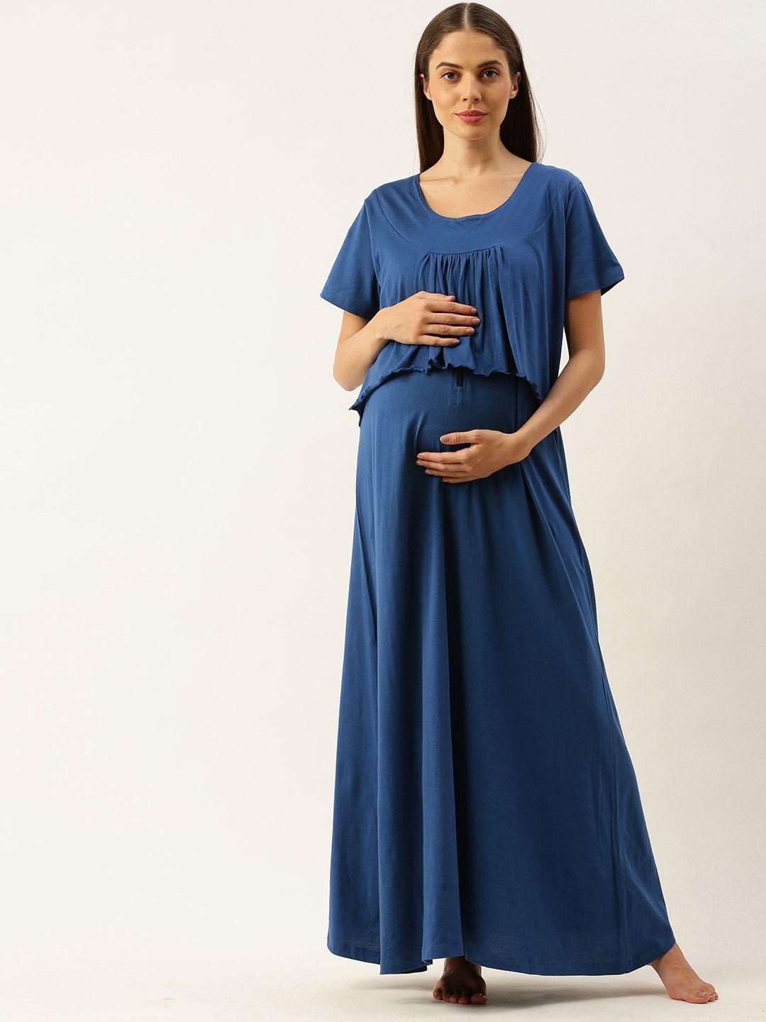 nejo-women-blue-solid-nursing-maternity-nightdress
