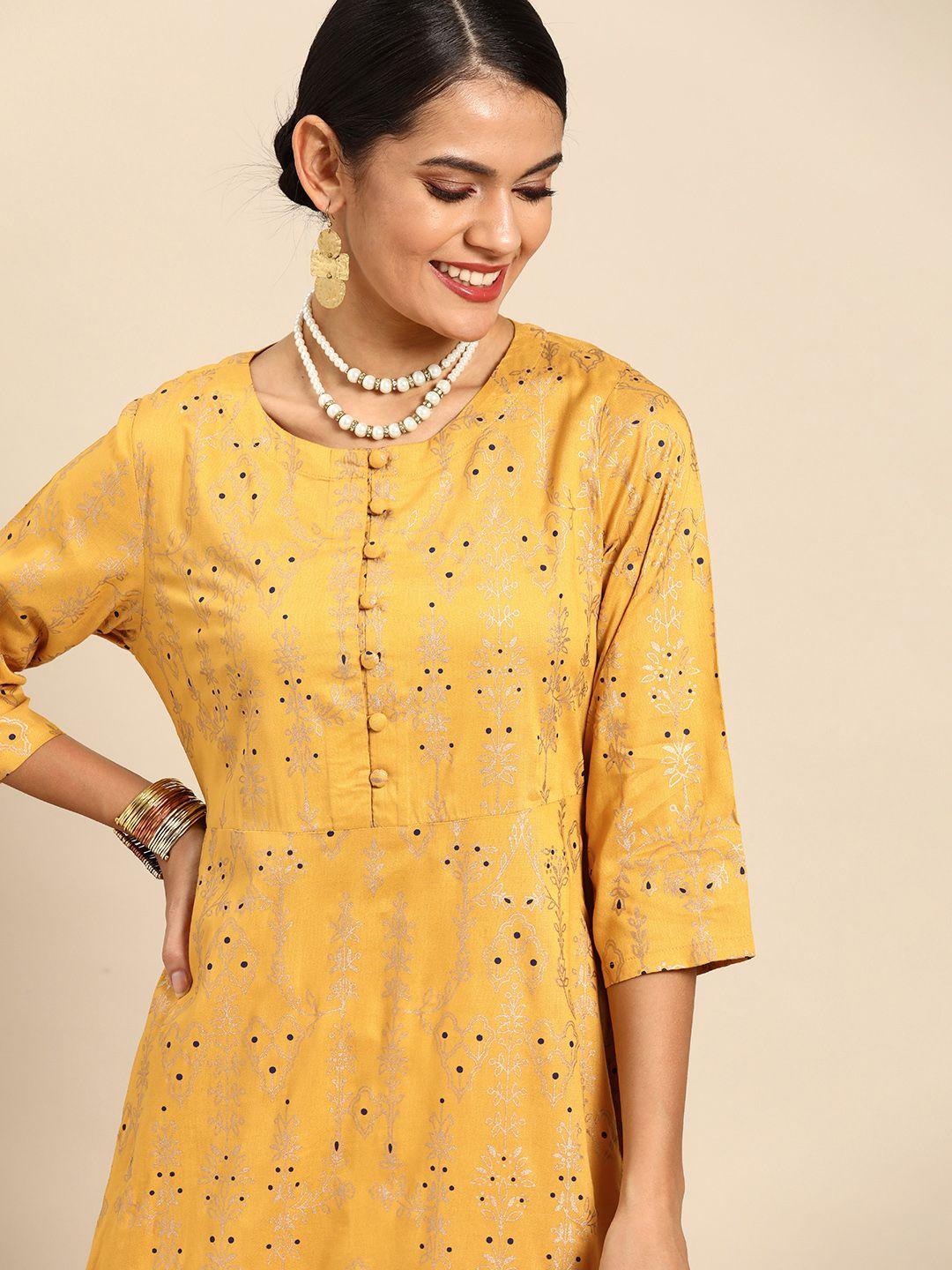 anouk-women-mustard-yellow-&-golden-ethnic-motifs-printed-a-line-dress