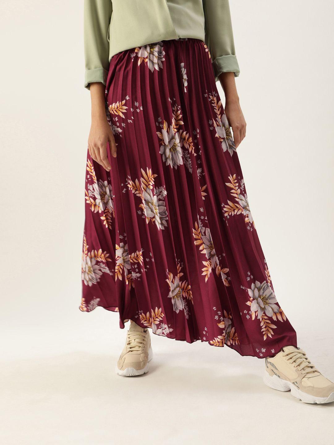u&f-women-marron-floral-printed-accordion-pleat-maxi-flared-skirt