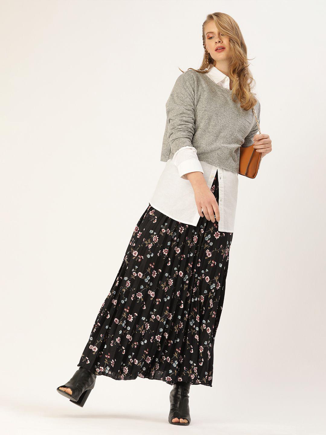 u&f-women-black-&-burgundy-floral-printed-accordion-pleated-maxi-flared-skirt