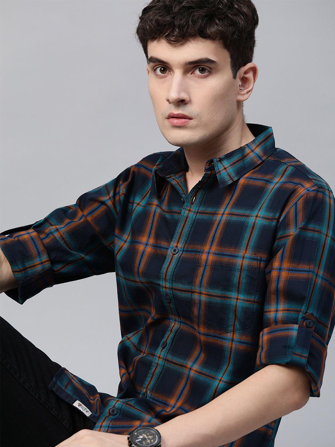 roadster-men-navy-blue-&-orange-checked-sustainable-casual-shirt