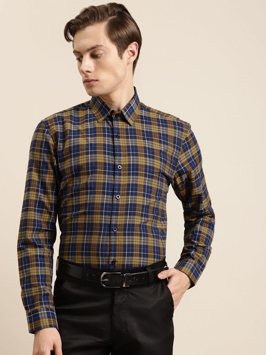 sojanya-men-navy-blue-&-mustard-yellow-pure-cotton-regular-fit-checked-formal-shirt