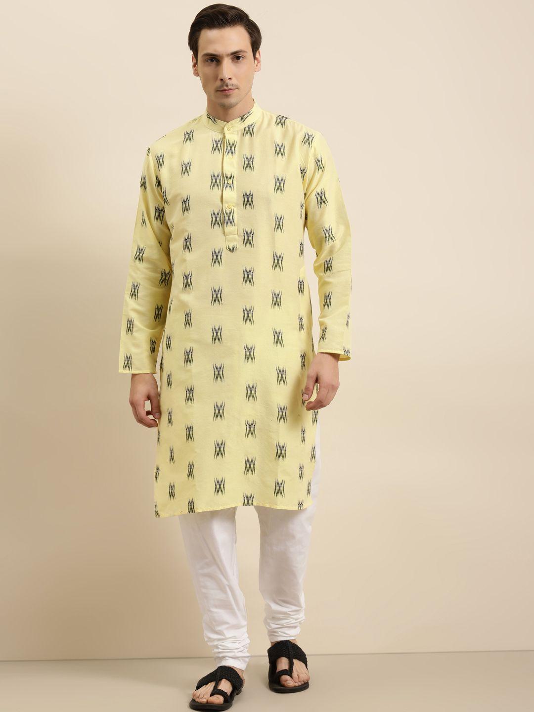 sojanya-men-yellow-&-white-woven-design-cotton-kurta-with-churidar