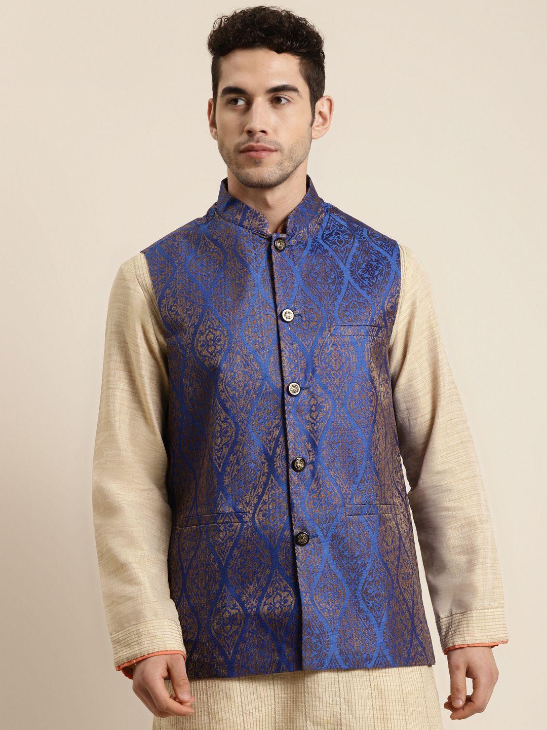 sojanya-men-blue-&-gold-woven-design-nehru-jacket