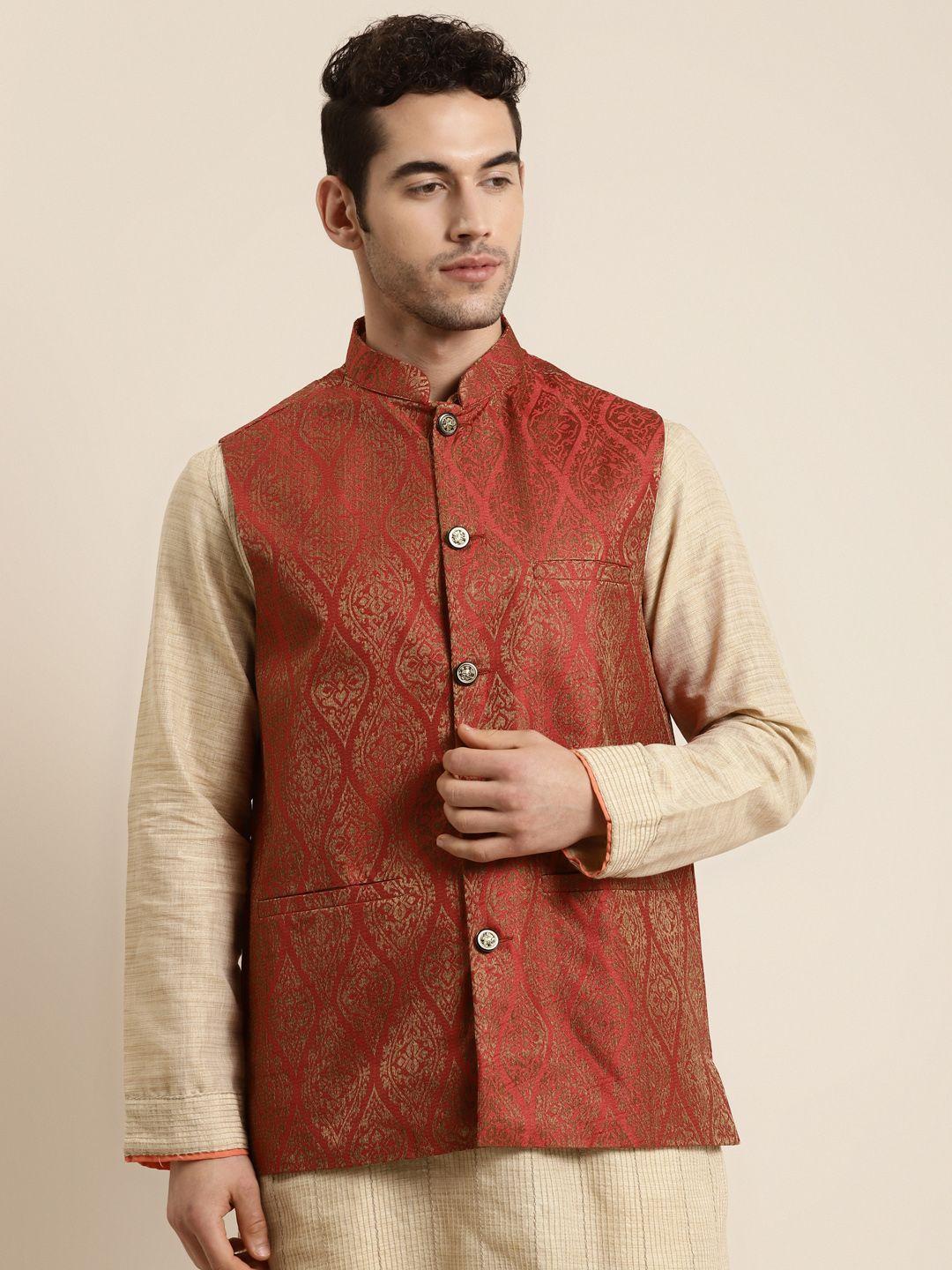 sojanya-men-rust-red-&-golden-woven-design-nehru-jacket