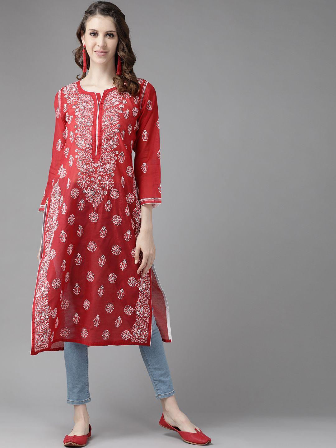 ada-women-red-&-white-sustainable-ethnic-motifs-hand-embroidered-chikankari-handloom-kurta