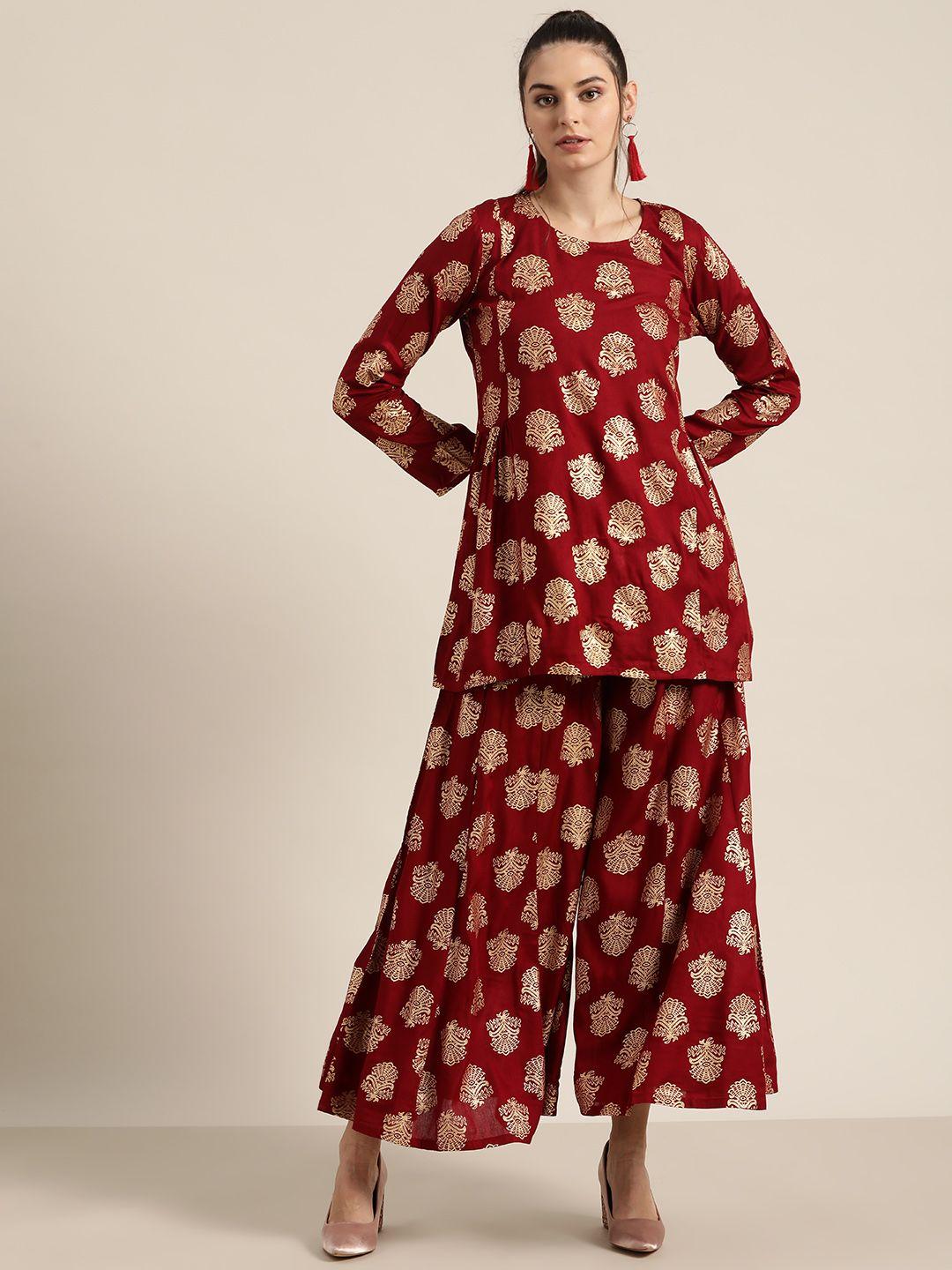 shae-by-sassafras-women-maroon-&-golden-liva-ethnic-motif-printed-tunic-with-palazzos