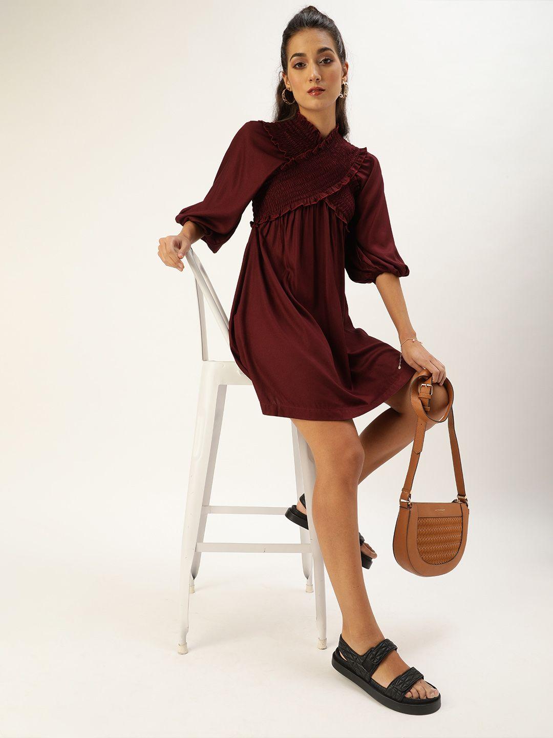 style-quotient-bold-burgundy-solid-smocked-dress