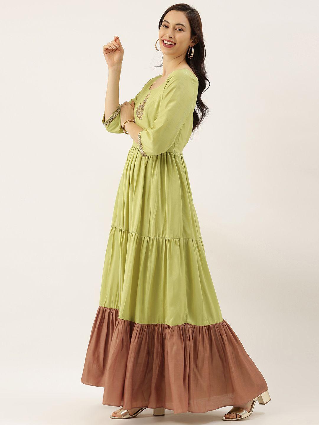 ethnovog-women-green-colourblocked-fit-and-flare-dress