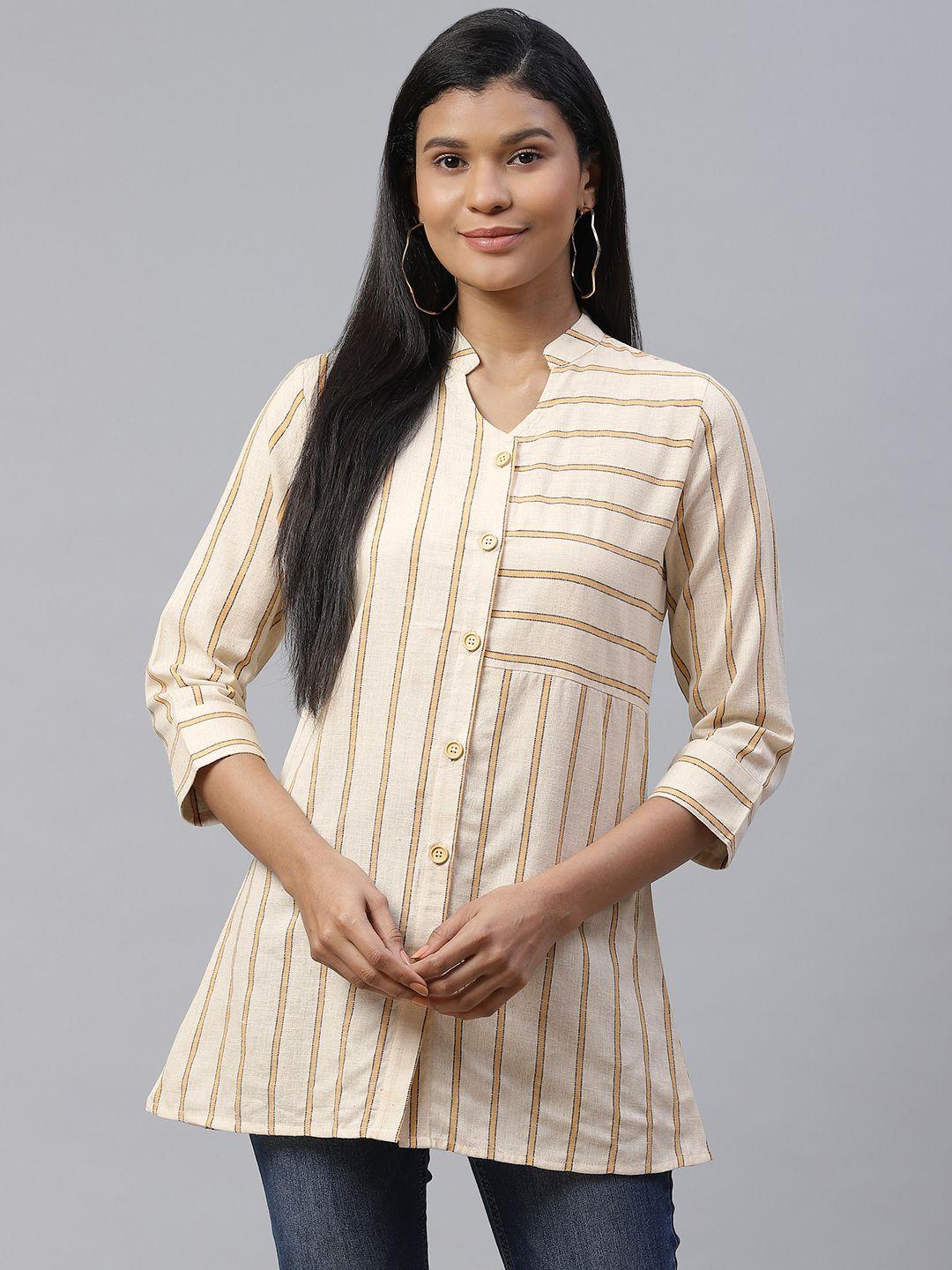 cottinfab-women-off-white-&-mustard-striped-mandarin-collar-pure-cotton-shirt-style-top
