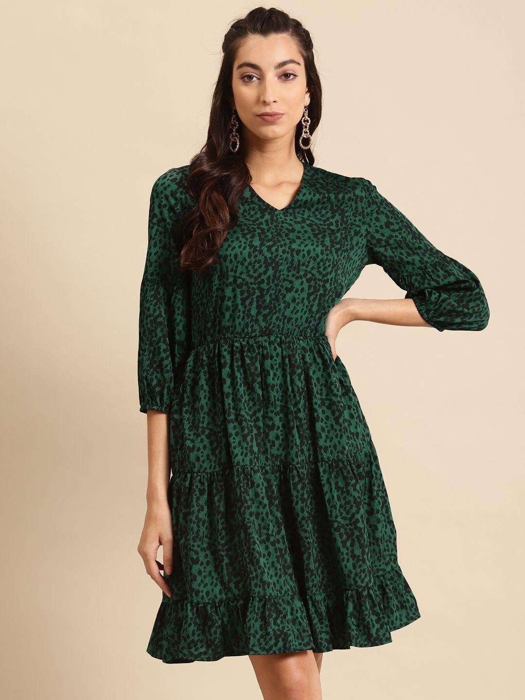 dodo-&-moa-women-green-&-black-printed-tiered-a-line-dress